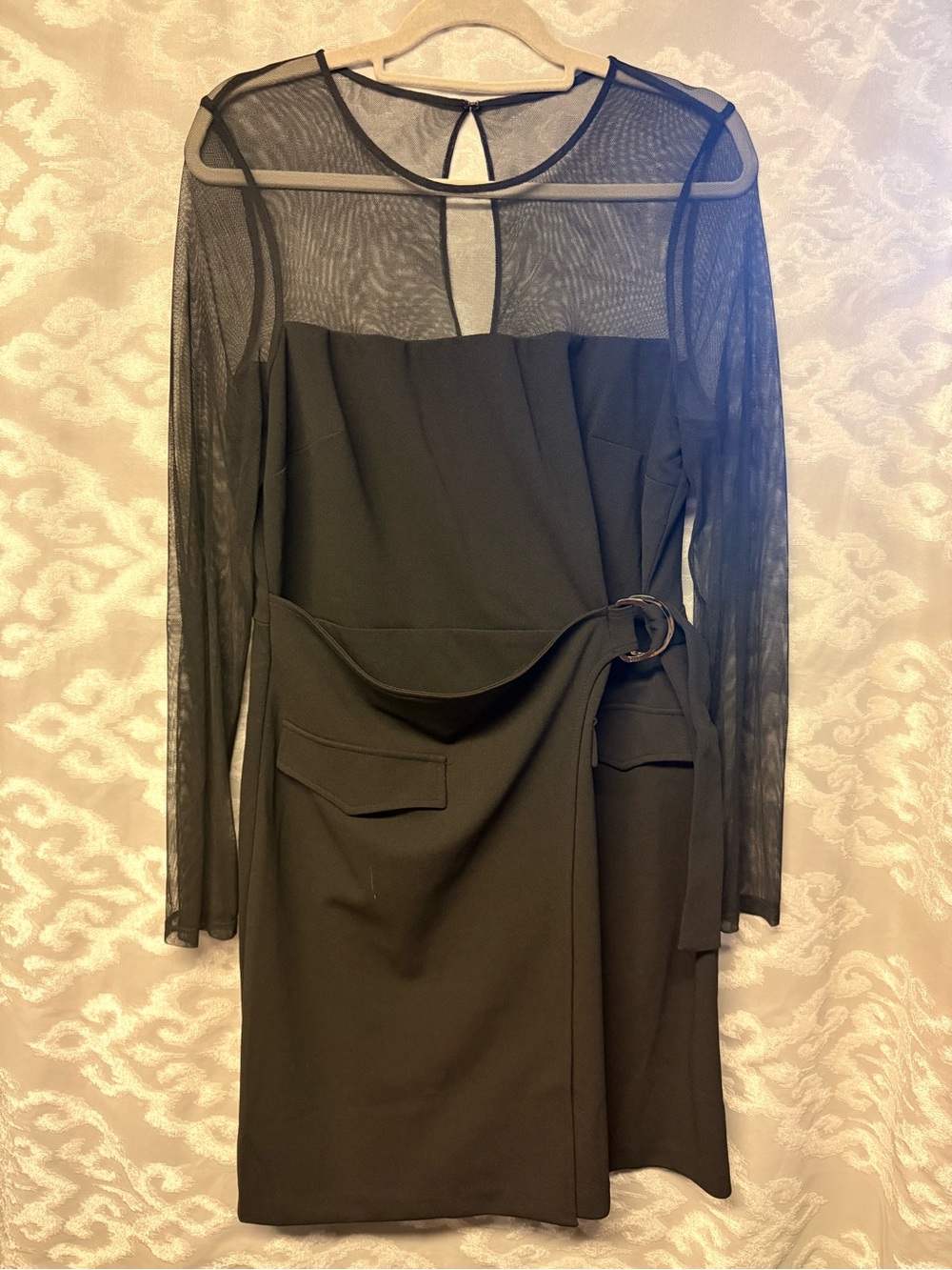 DKNY Black Sheer-Sleeve Midi Dress with Side Ring Detail
